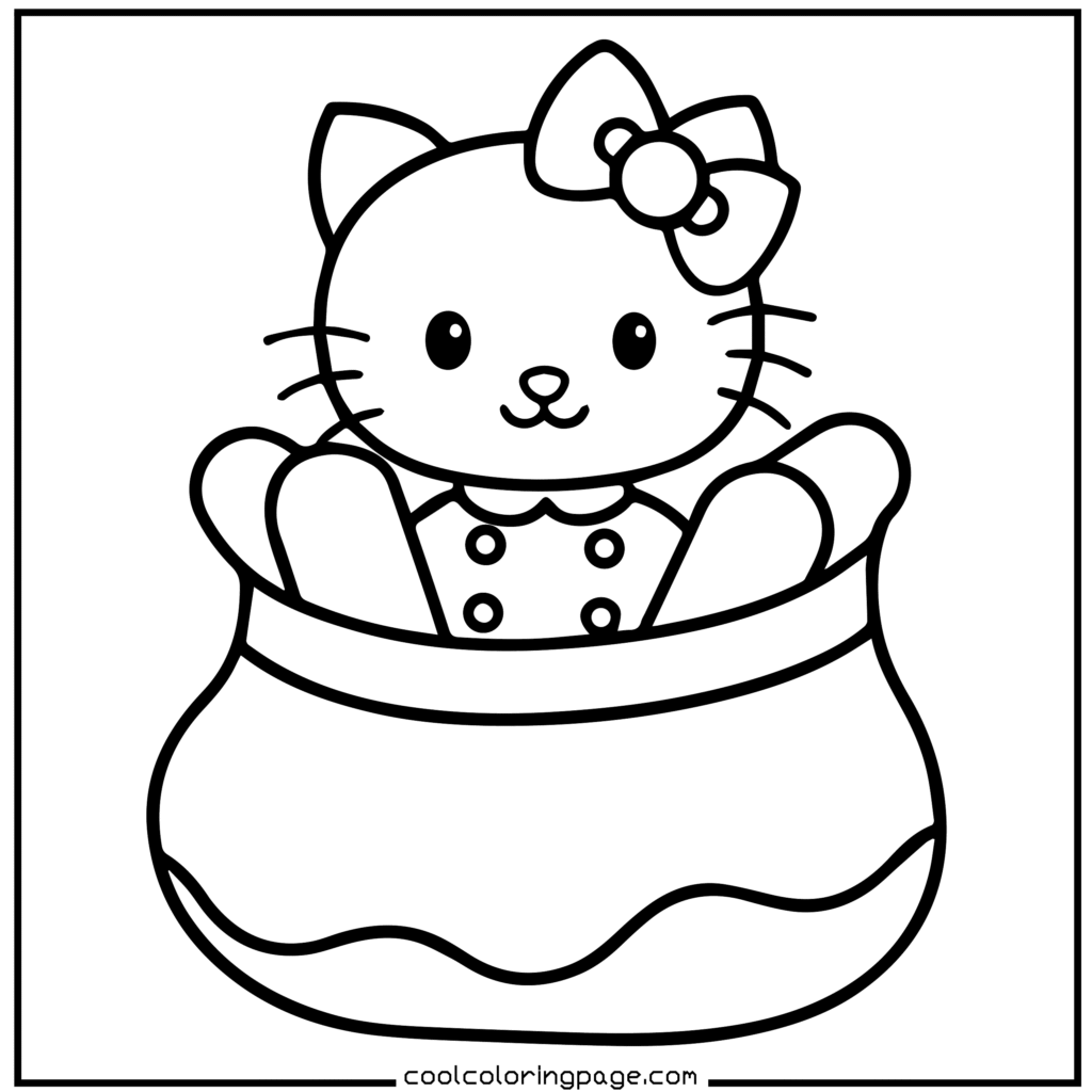 Cute illustration of a cartoon cat with a bow on its ear, peeking out of a pouch. The cat wears a buttoned outfit, evoking a playful and cheerful tone. Hello Kitty Christmas Coloring Pages.
