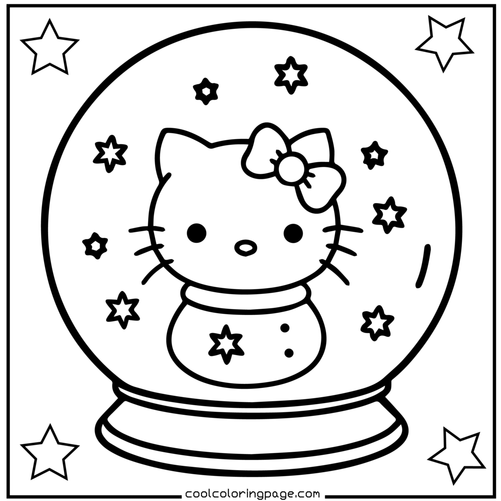 A cartoon cat with a bow is inside a snow globe decorated with stars. The outline is simple and playful, with stars in each corner. Hello Kitty Christmas Coloring Pages.