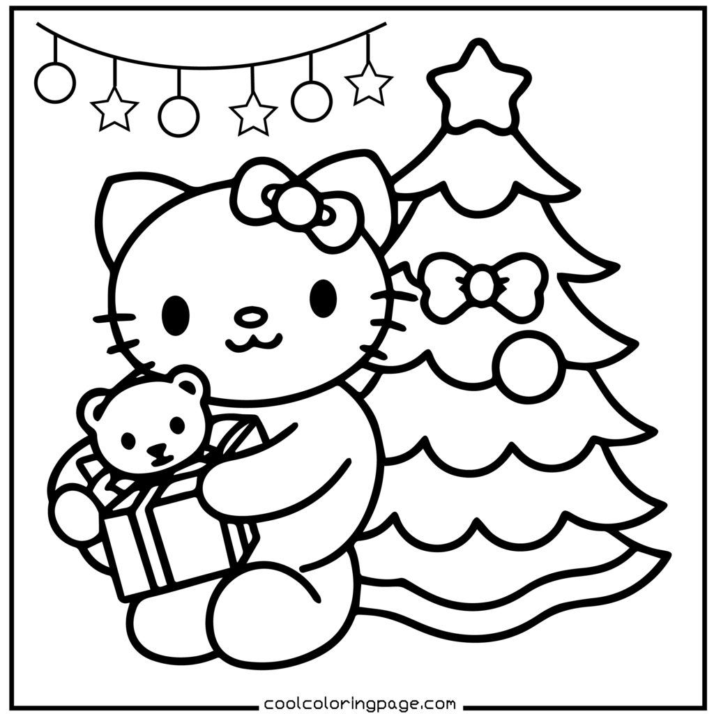 A cute cartoon cat with a bow holds a teddy bear and wrapped gift. It's next to a decorated Christmas tree. Stars hang above, conveying a festive mood. Hello Kitty Christmas Coloring Pages.
