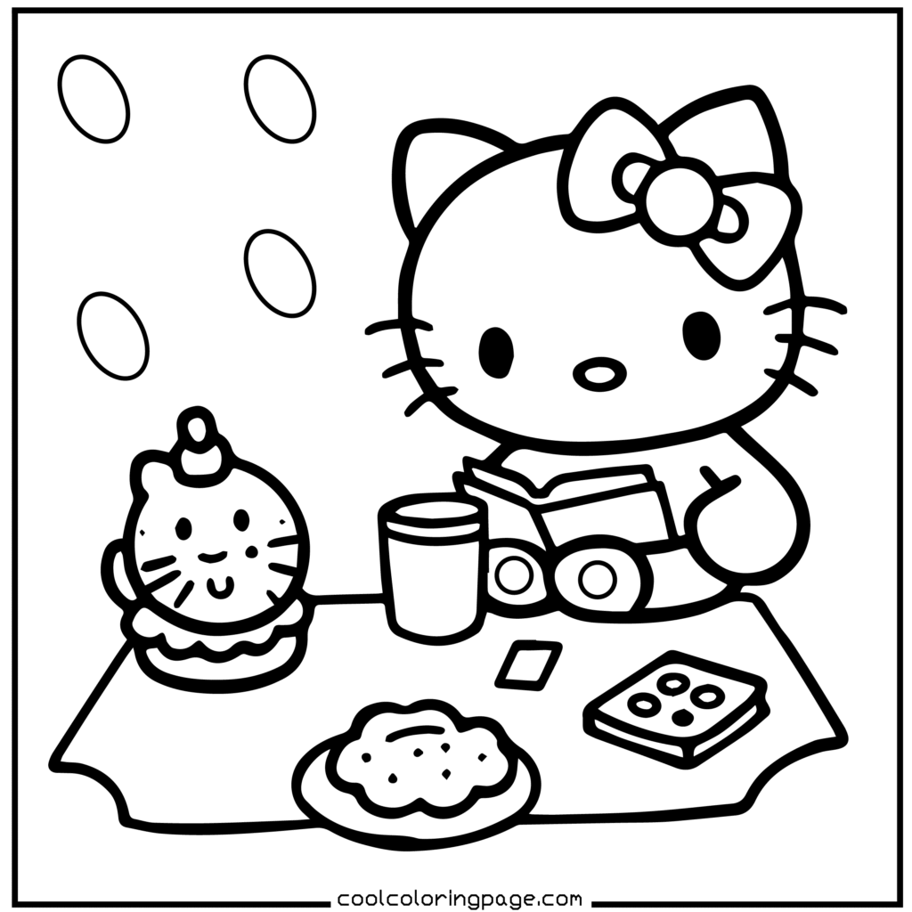 Cartoon cat with a bow reads a book at a table. A cupcake with a happy face, a beverage, a cookie, and a plate are nearby. Cozy and whimsical scene. Hello Kitty Christmas Coloring Pages.