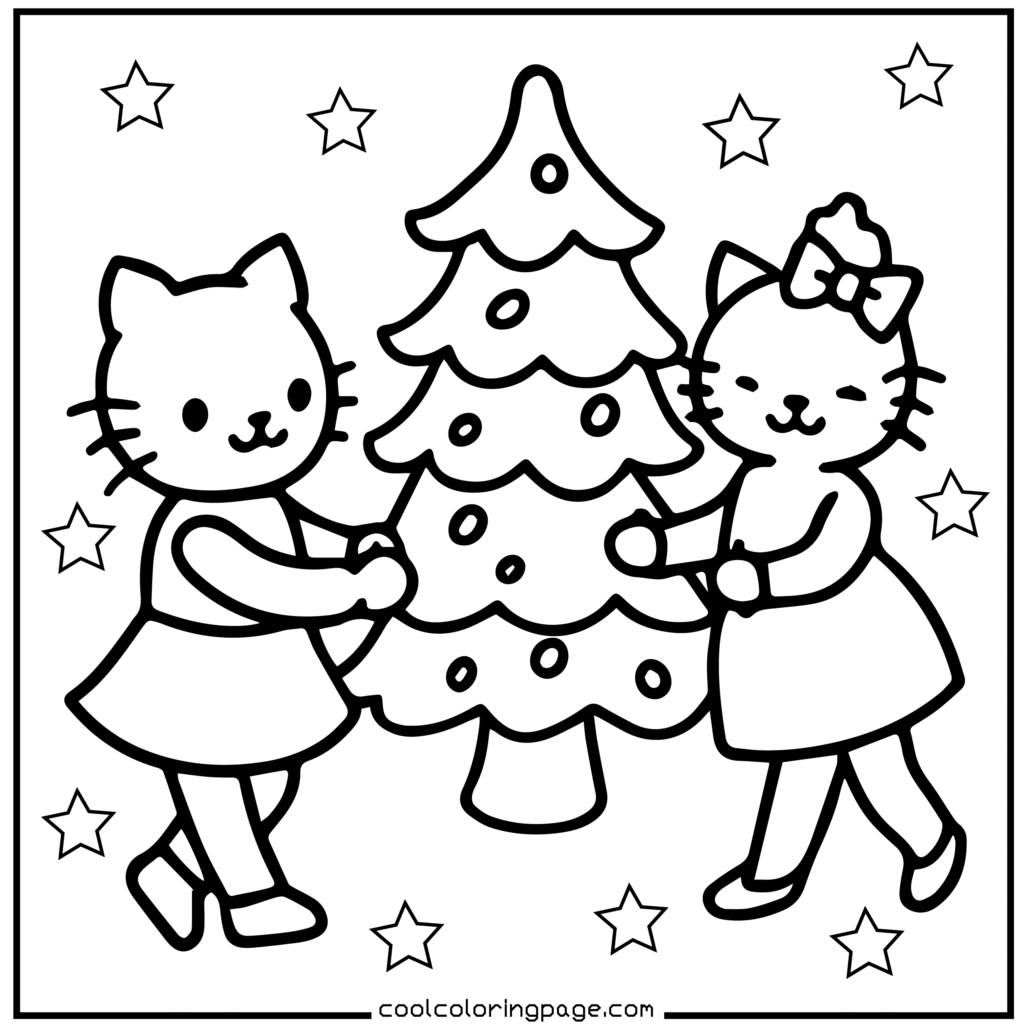 Two cartoon cats in dresses joyfully decorate a Christmas tree, surrounded by stars. The scene is whimsical and festive. Hello Kitty Christmas Coloring Pages.