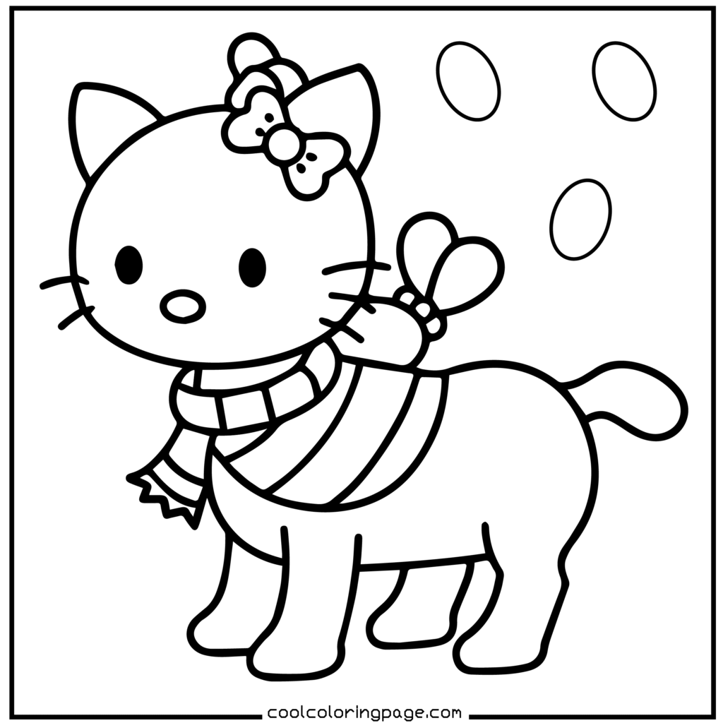 A cute cat with a bow and scarf stands in falling snow, looking cheerful. The simple line drawing includes snowflakes and showcases a playful tone. Hello Kitty Christmas Coloring Pages.