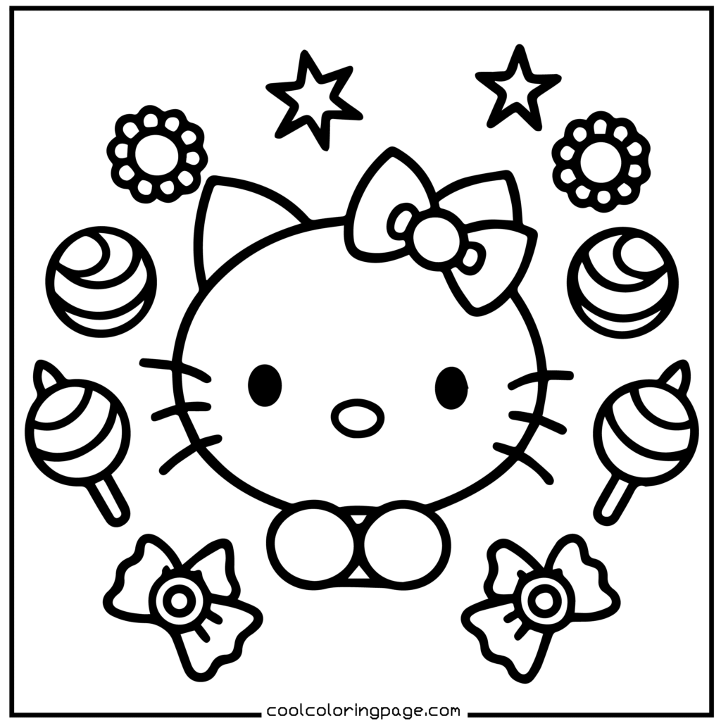 Cute cartoon cat face with a bow, surrounded by stars, flowers, lollipops, and bows in a playful, joyful, line art style. Hello Kitty Christmas Coloring Pages.