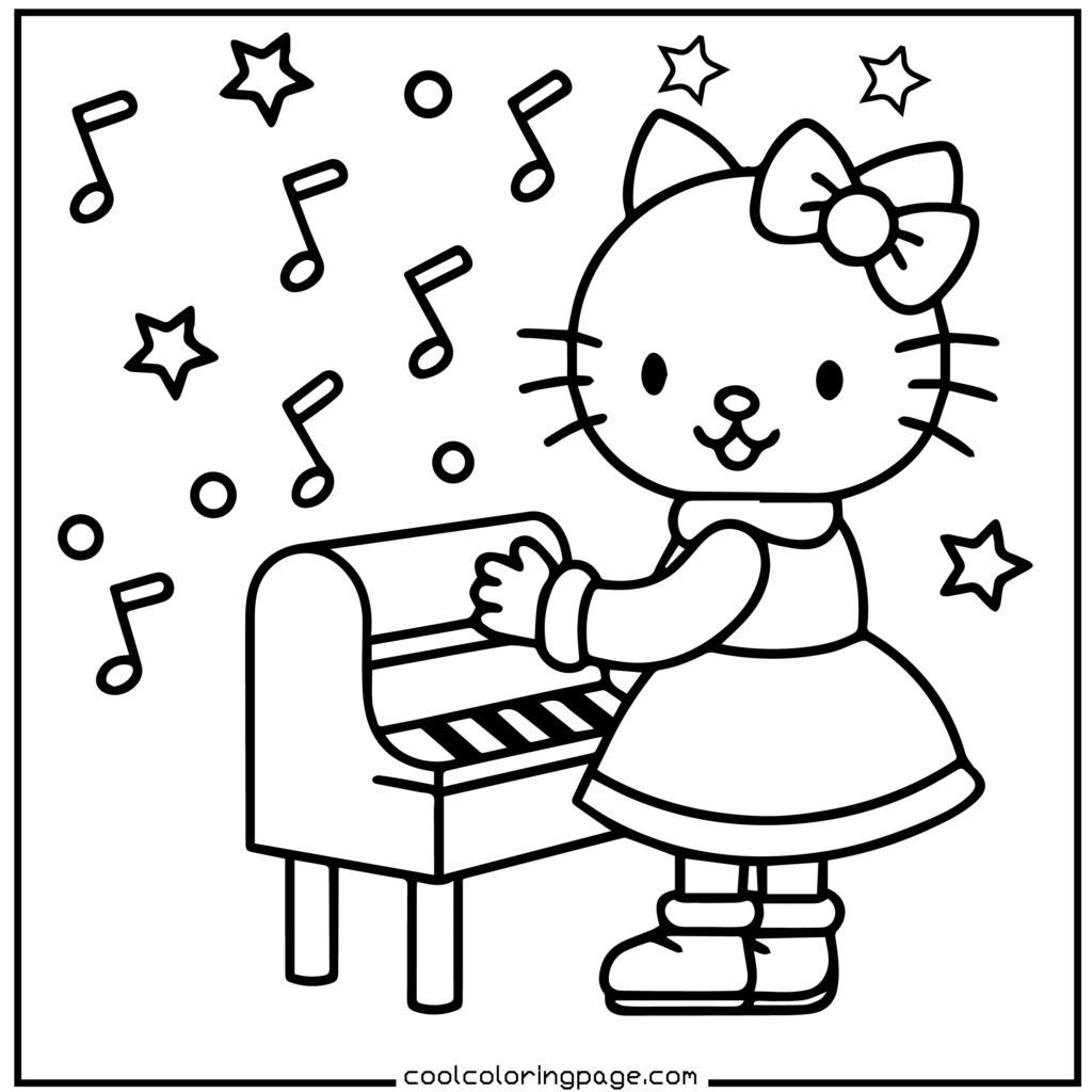 A cartoon cat standing by a small piano, wearing a dress and bow. Musical notes and stars surround, creating a whimsical and cheerful atmosphere. Hello Kitty Christmas Coloring Pages.