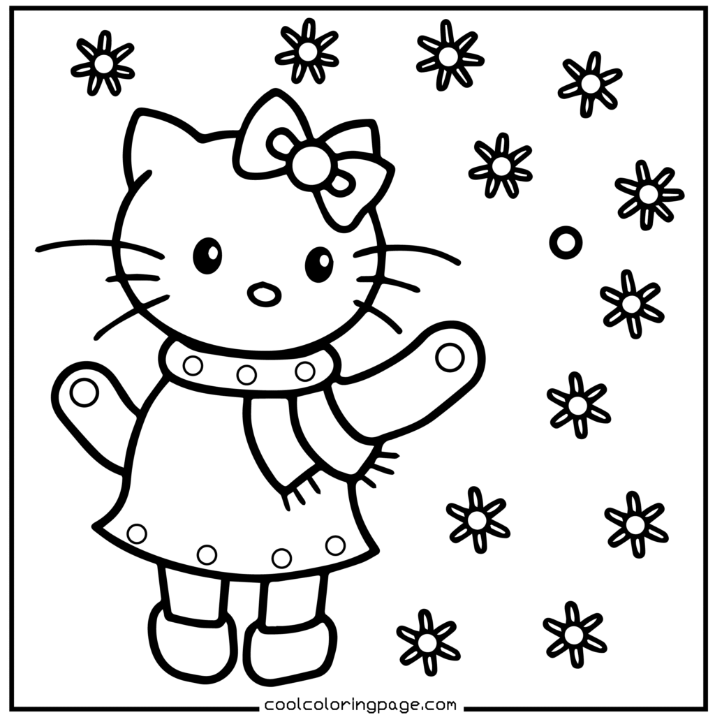 A cartoon cat wearing a bow, coat, and scarf is surrounded by snowflakes. The simple black-and-white line art conveys a playful, winter theme. Hello Kitty Christmas Coloring Pages.