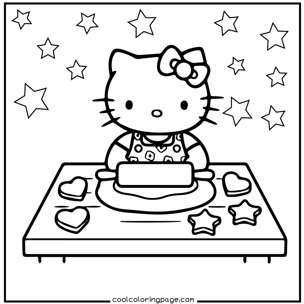 Cartoon cat character with a bow rolls dough on a table with star and heart shapes against a background of stars, suggesting a playful baking scene. Hello Kitty Coloring Pages.