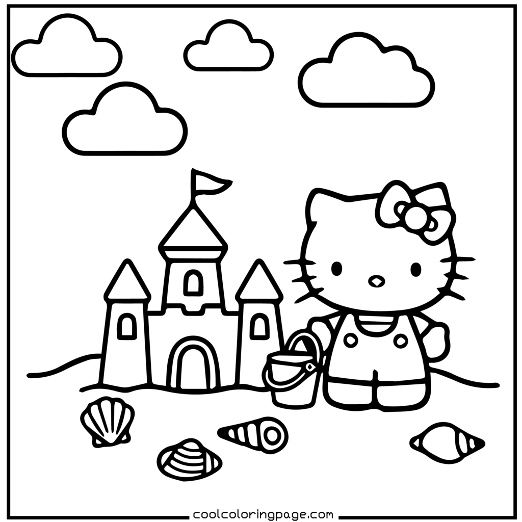Cartoon cat with a bow next to a sandcastle, holding a pail. Surrounding her are seashells and three clouds in the sky, creating a playful beach scene. Hello Kitty Coloring Pages.