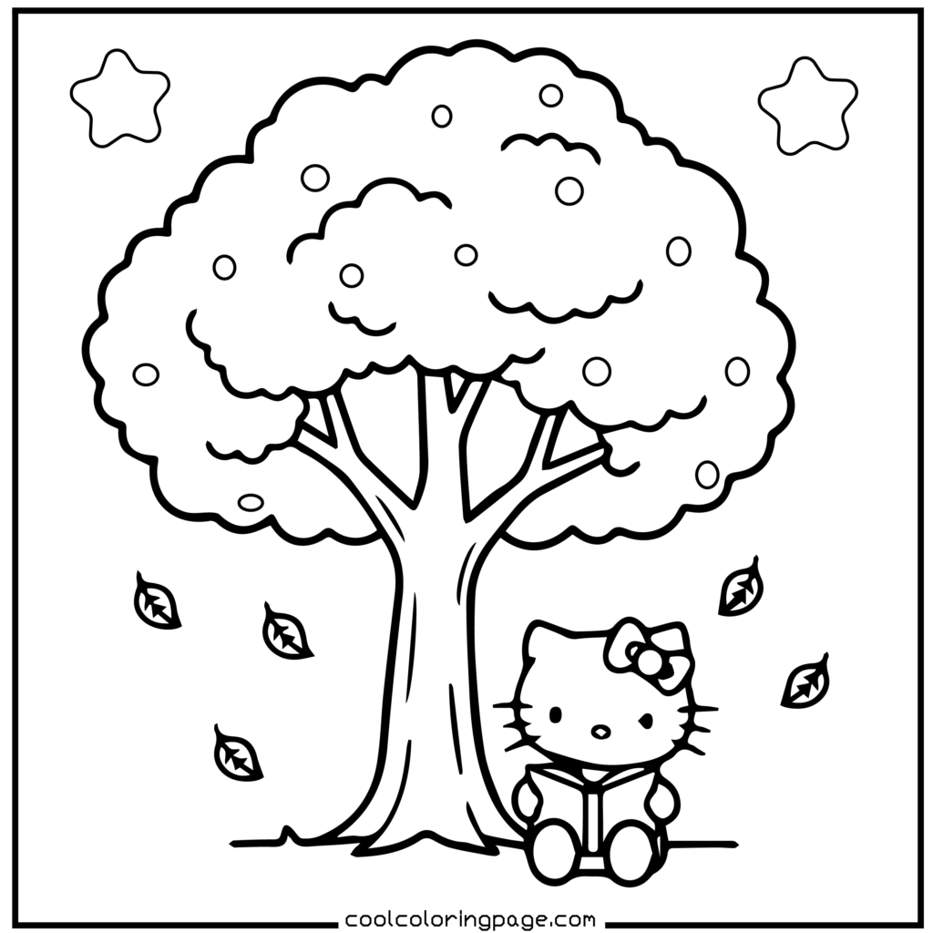 Cute cartoon cat sitting under a large tree, reading a book. Leaves float around, and two stars hover in the sky, creating a calm and whimsical scene. Hello Kitty Coloring Pages.