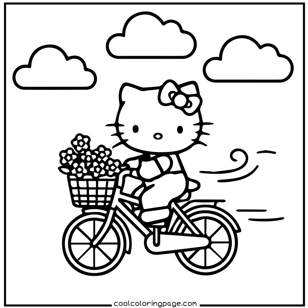 Cartoon cat with a bow riding a bicycle with a basket of flowers in front. Three clouds in the sky, conveying a cheerful, breezy scene. Hello Kitty Coloring Pages.
