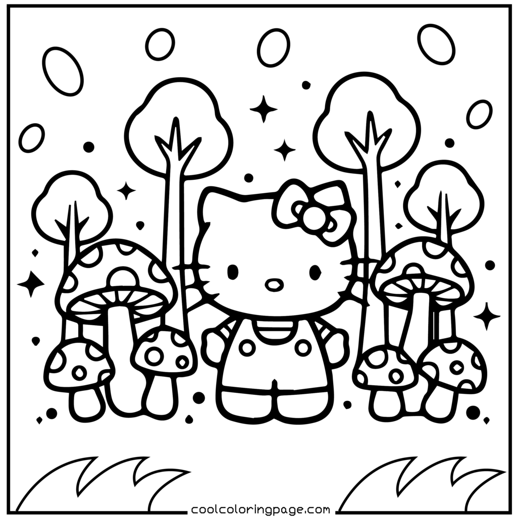 A cute cartoon cat with a bow stands in a whimsical forest of tall trees and large mushrooms. The scene is playful and magical. Hello Kitty Coloring Pages.
