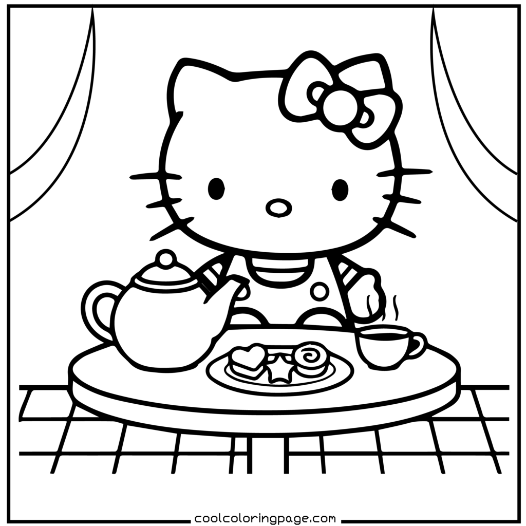 Cute cartoon character with a bow having a tea party. A teapot, teacup, and plate of cookies on a table create a playful, inviting scene. Hello Kitty Coloring Pages.