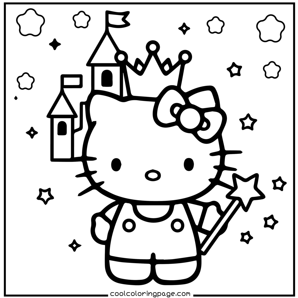 A cute cartoon cat with a bow and crown holding a star wand in front of a castle. Stars and clouds surround the character, creating a magical theme. Hello Kitty Coloring Pages.