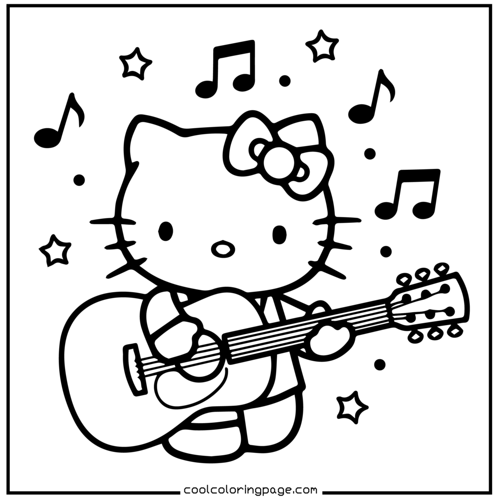 Hello Kitty playing a guitar surrounded by musical notes and stars. The scene is playful and lively, conveying a sense of fun and creativity. Hello Kitty Coloring Pages.