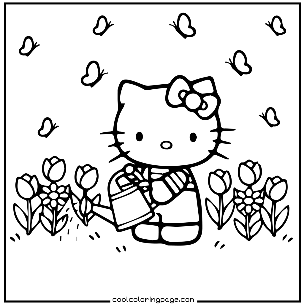 A cartoon cat with a bow waters tulips with a watering can. Butterflies fly around, evoking a cheerful and serene garden scene. Hello Kitty Coloring Pages.