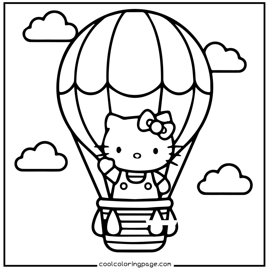 Cartoon cat character in a hot air balloon, floating among fluffy clouds. The cat wears overalls and a bow, set in a playful, adventurous tone. Hello Kitty Coloring Pages.