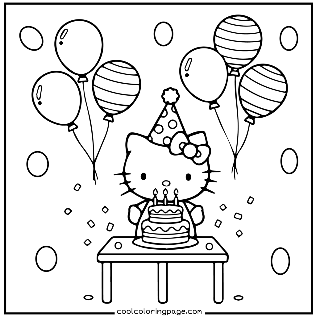 A cartoon cat wearing a party hat stands behind a birthday cake with candles, on a table. Balloons float above, and confetti adds a festive vibe. Hello Kitty Coloring Pages.