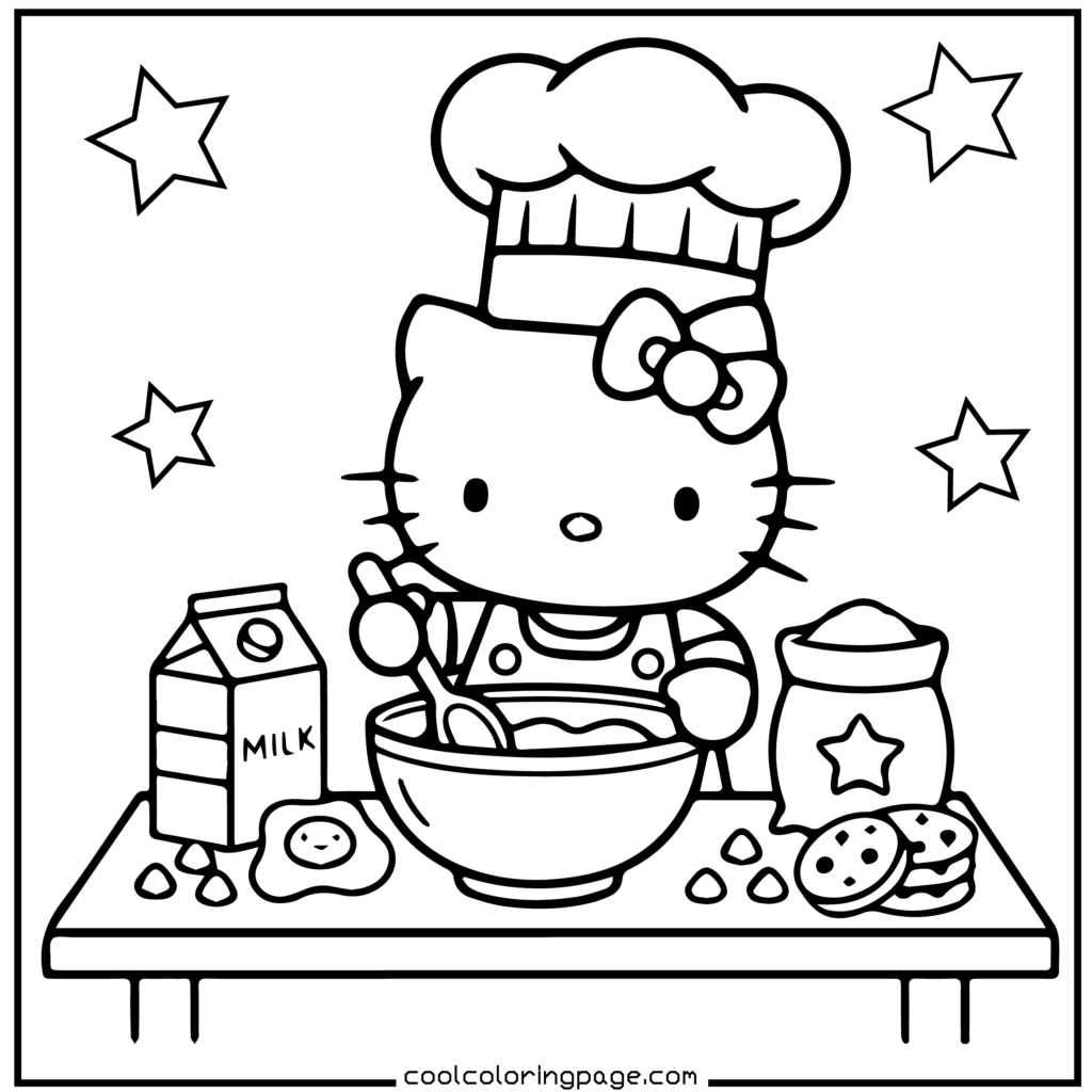 Cute cartoon character dressed as a chef stirs a bowl on a kitchen counter. Surrounding items include milk, cookies, flour, and stars, creating a playful and whimsical scene. Hello Kitty Coloring Pages.