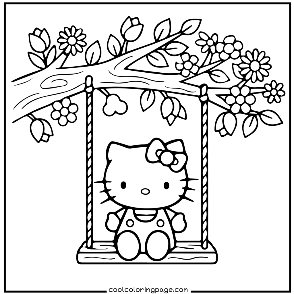 A cute cartoon cat with a bow sits on a swing attached to a tree branch adorned with leaves and flowers. The scene feels playful and serene. Hello Kitty Coloring Pages.