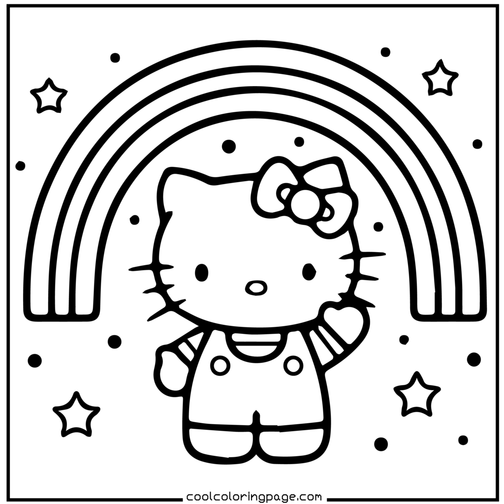 Cute cartoon cat waving under a rainbow, surrounded by stars and dots. The cat wears overalls and a bow, creating a cheerful and playful vibe. Hello Kitty Coloring Pages.