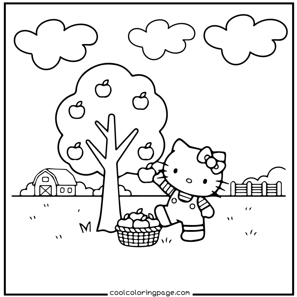 Cartoon cat wearing overalls, picking apples from a tree into a basket. A barn and fence are in the background under a sky with clouds. Hello Kitty Coloring Pages.