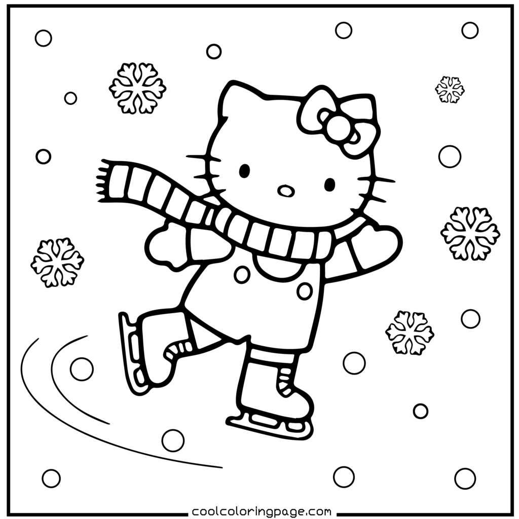 Cartoon cat character ice skating happily, wearing a striped scarf and boots, surrounded by falling snowflakes and dots, with a cheerful vibe. Hello Kitty Coloring Pages.