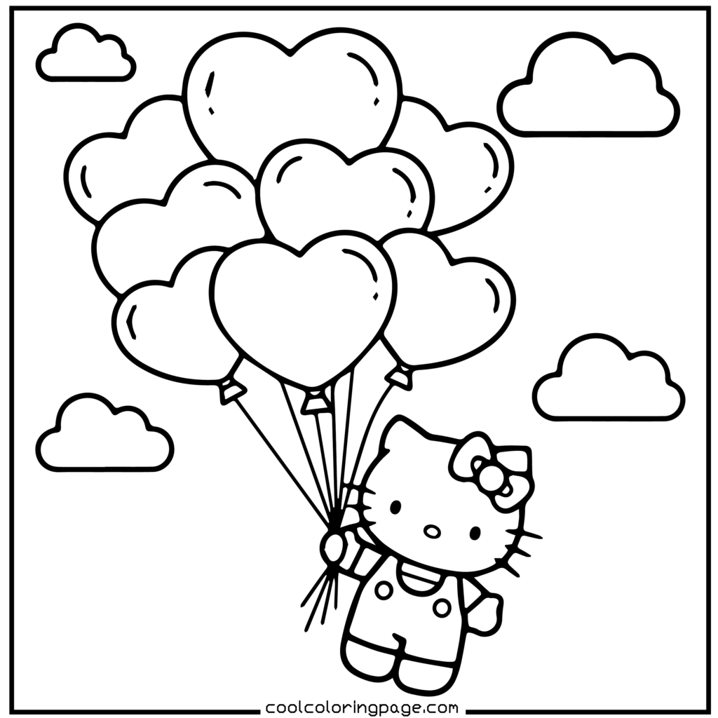 Cartoon cat holding heart-shaped balloons floats among clouds. The cat wears overalls and a bow, creating a cheerful, whimsical scene. Hello Kitty Coloring Pages.