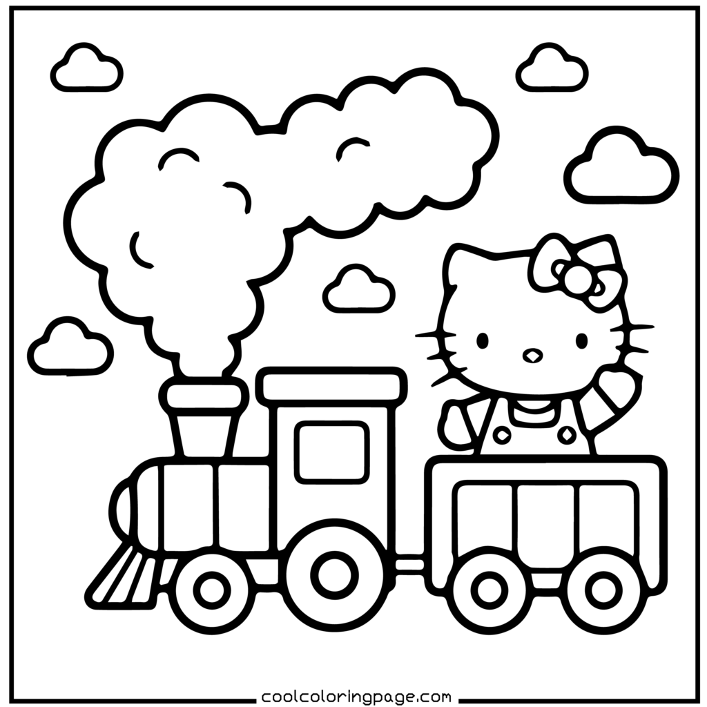 Cute cartoon cat with a bow rides a train, billowing smoke, under a sky with fluffy clouds. The scene is cheerful and whimsical. Hello Kitty Coloring Pages.