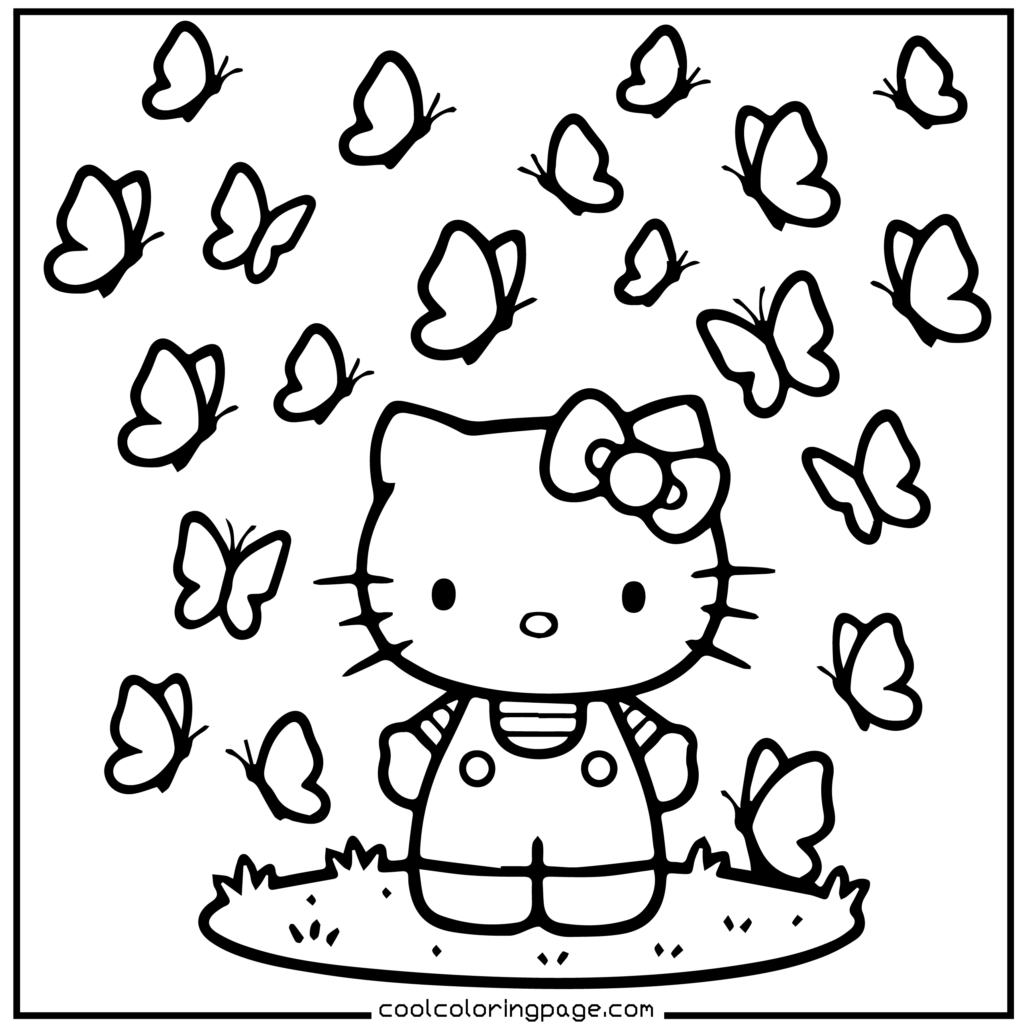 Cute cartoon cat with a bow stands on grass, surrounded by fluttering butterflies. The scene conveys a playful and charming atmosphere. Hello Kitty Coloring Pages.