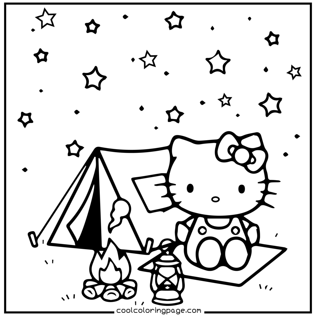 Hello Kitty sits by a campfire next to a tent under a starry night sky. A lantern glows beside her, creating a peaceful camping scene. Hello Kitty Coloring Pages.
