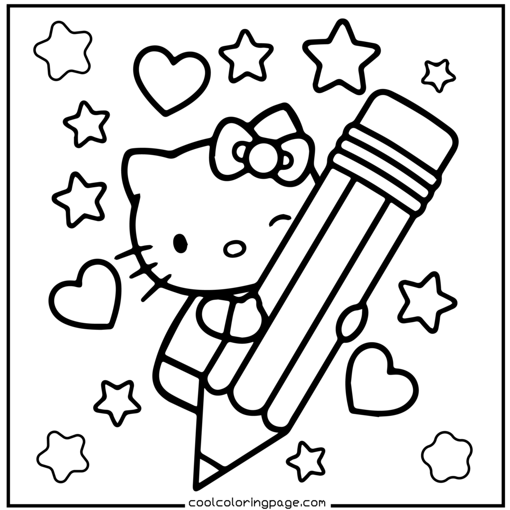 Cute cartoon cat with a bow hugs a large pencil surrounded by stars and hearts, conveying a playful and creative atmosphere. Perfect for coloring. Hello Kitty Coloring Pages.