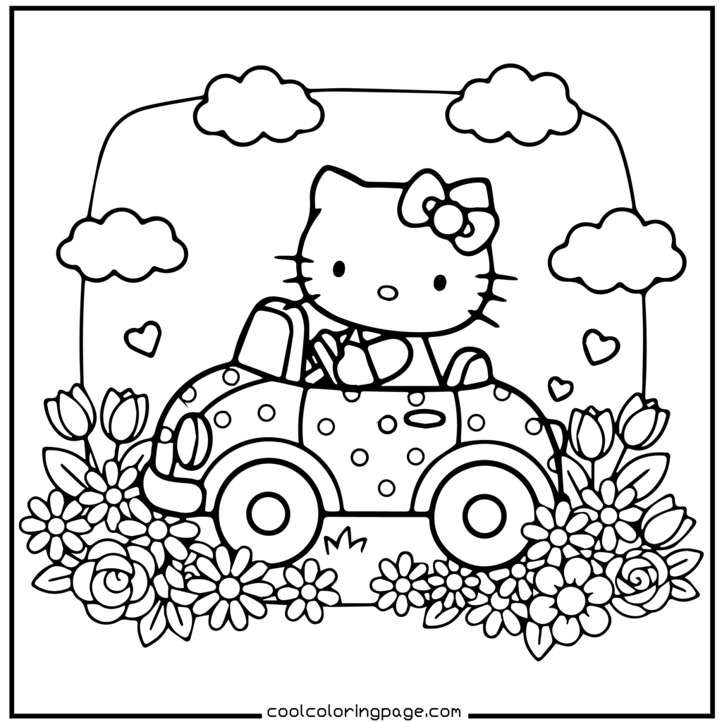 Cute cartoon cat with a bow driving a polka-dotted car amid flowers. Playful clouds and hearts surround, creating a cheerful, whimsical scene. Hello Kitty Coloring Pages.