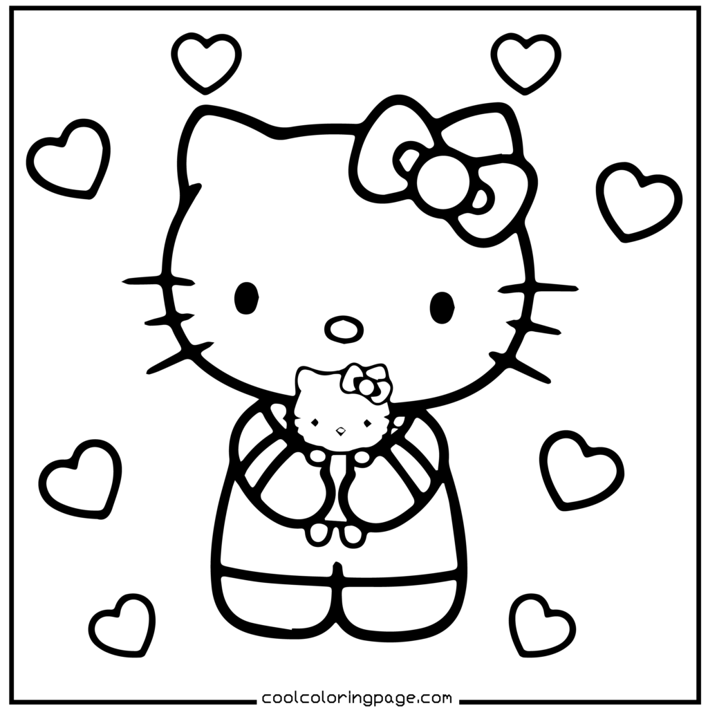 Cute cartoon cat character holding a smaller plush toy version of itself. Surrounded by floating hearts, conveying warmth and affection. Line art style. Hello Kitty Coloring Pages.