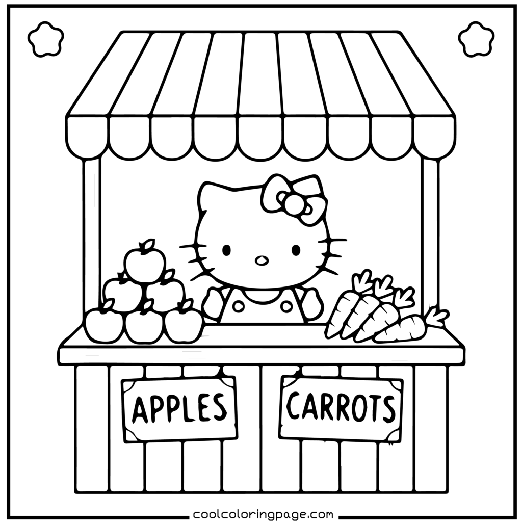 Cartoon cat character stands at a market stall, smiling, with apples and carrots labeled on signs. There are stars in the corners, creating a cheerful scene. Hello Kitty Coloring Pages.
