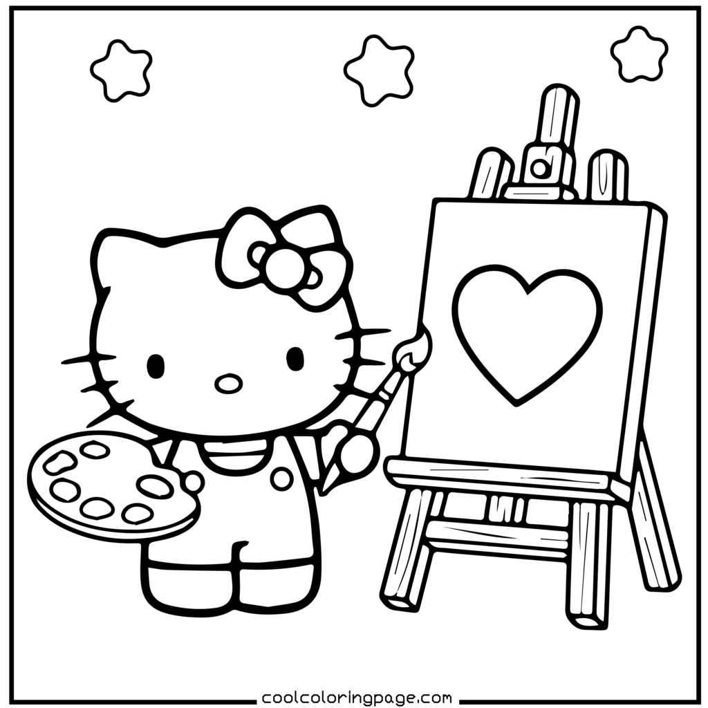 Cartoon cat with a bow painting a heart on an easel. Holding a palette and brush, surrounded by stars. Cute and creative setting. Hello Kitty Coloring Pages.