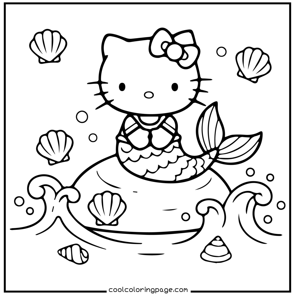 Cute cartoon character as a mermaid sits on a rock surrounded by waves, bubbles, and seashells. The scene is playful and whimsical. Hello Kitty Coloring Pages.