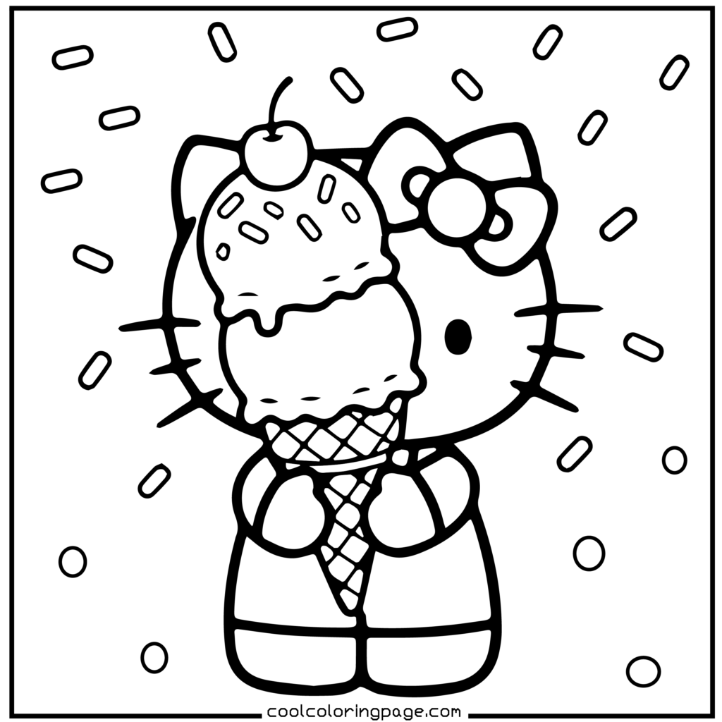 Cute cartoon cat with a bow holding a large ice cream cone with two scoops and a cherry on top. Sprinkles float around, creating a playful vibe. Hello Kitty Coloring Pages.