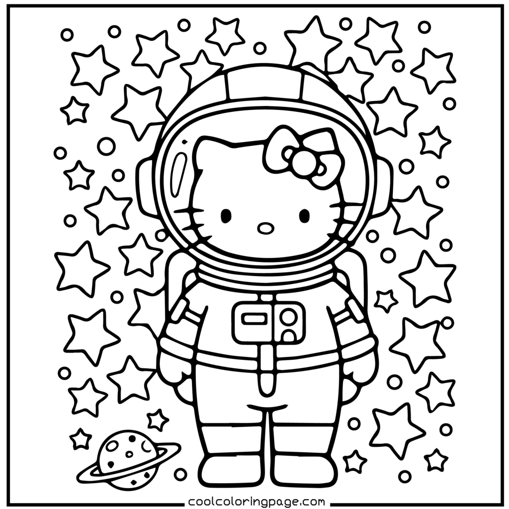 Cartoon character in a spacesuit surrounded by stars and a small planet. The whimsical scene conveys adventure and exploration in space. Hello Kitty Coloring Pages.