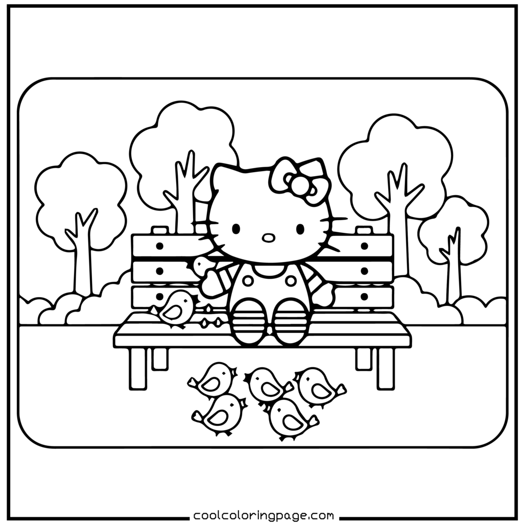 Cartoon character sitting on a park bench with birds. Background features trees and bushes. Calm and friendly scene, line art style. Hello Kitty Coloring Pages.
