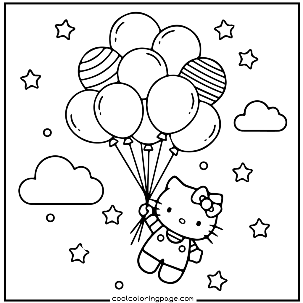Cute cartoon kitten floats with balloons in a starry sky. Wearing overalls with a bow, surrounded by clouds and stars, creating a joyful, whimsical scene. Hello Kitty Coloring Pages.