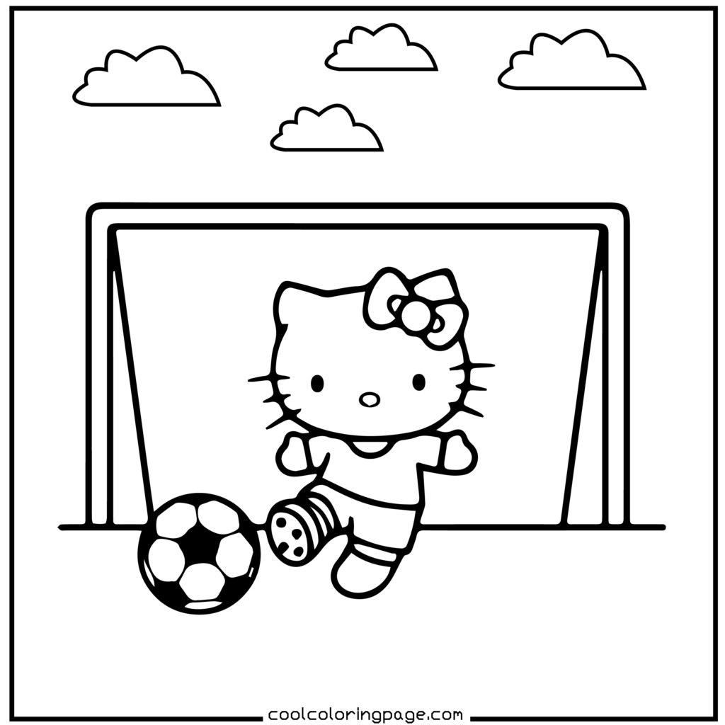 A cartoon cat in a soccer jersey kicks a soccer ball into a net under a sky with three clouds. The scene conveys playfulness and action. Hello Kitty Coloring Pages.