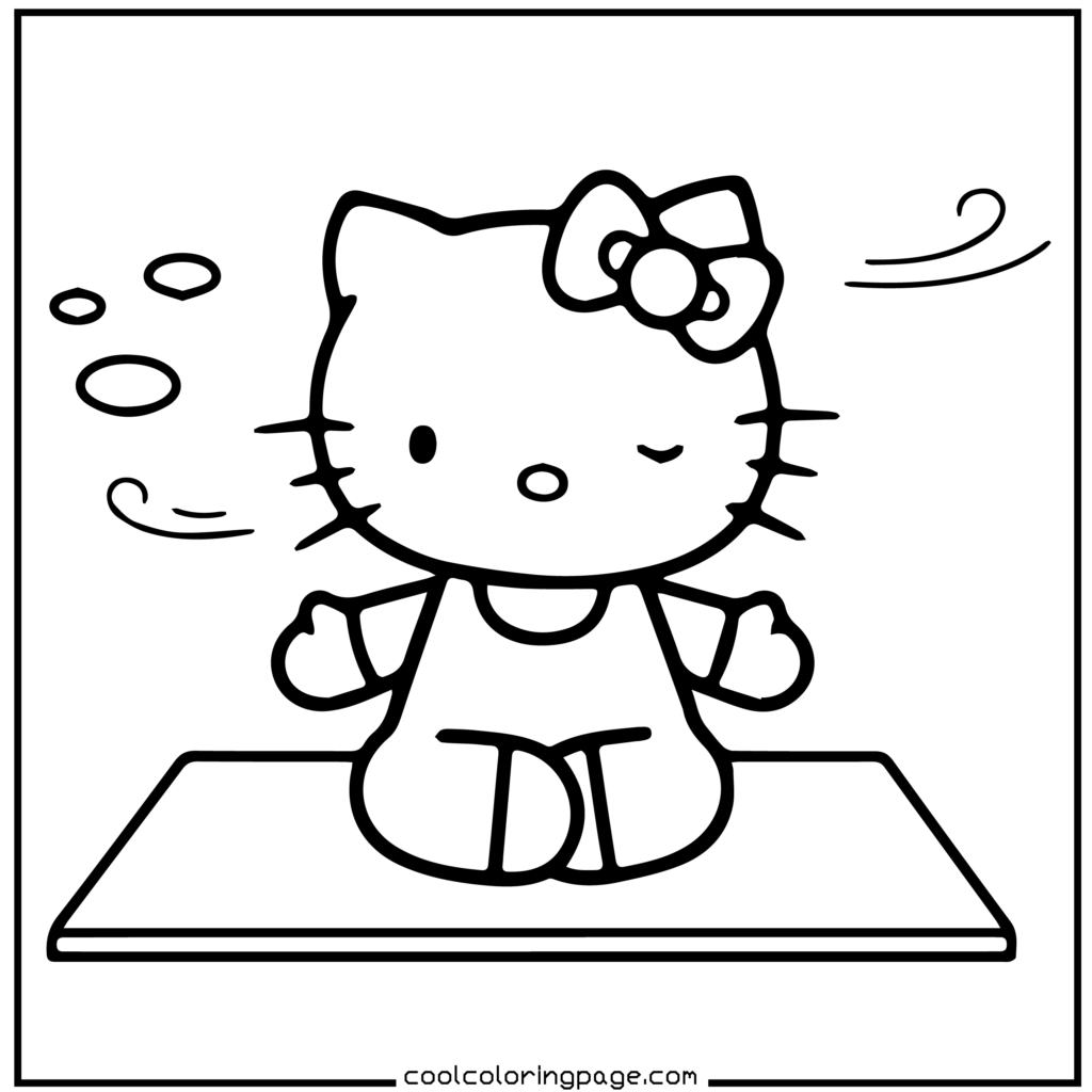 Cute cartoon cat meditating on a mat with eyes closed, wearing a bow, conveying calmness and relaxation with simple line art style. Hello Kitty Coloring Pages.