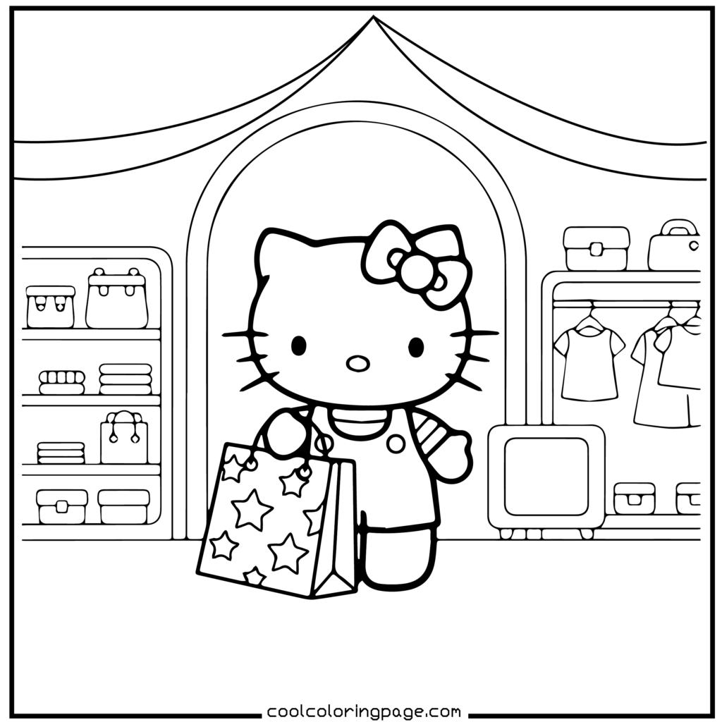 A cartoon cat wearing overalls and a bow holds a star-patterned shopping bag in a store, surrounded by shelves of bags and hanging clothes. Hello Kitty Coloring Pages.