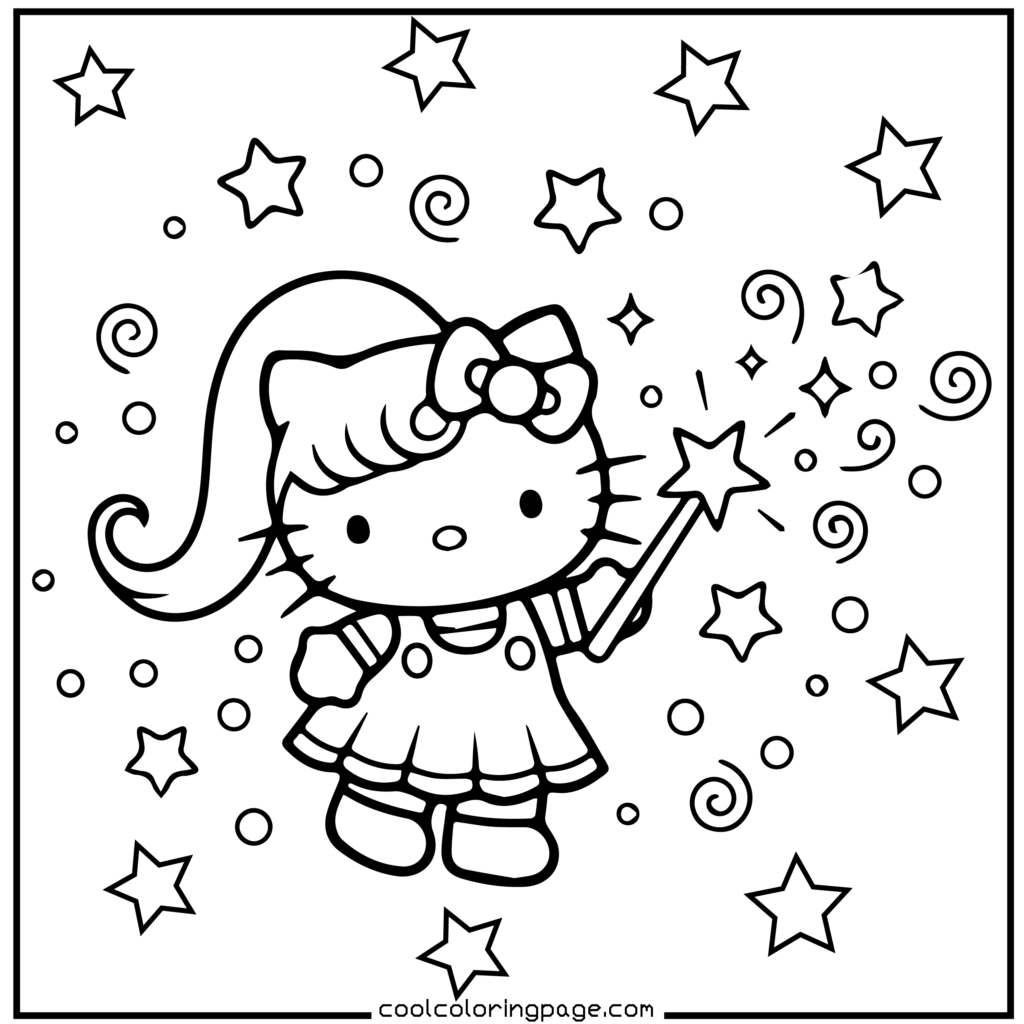 A cute cartoon cat wearing a dress and bow holds a star wand. Stars and swirls fill the background, creating a magical, joyful scene. Hello Kitty Coloring Pages.