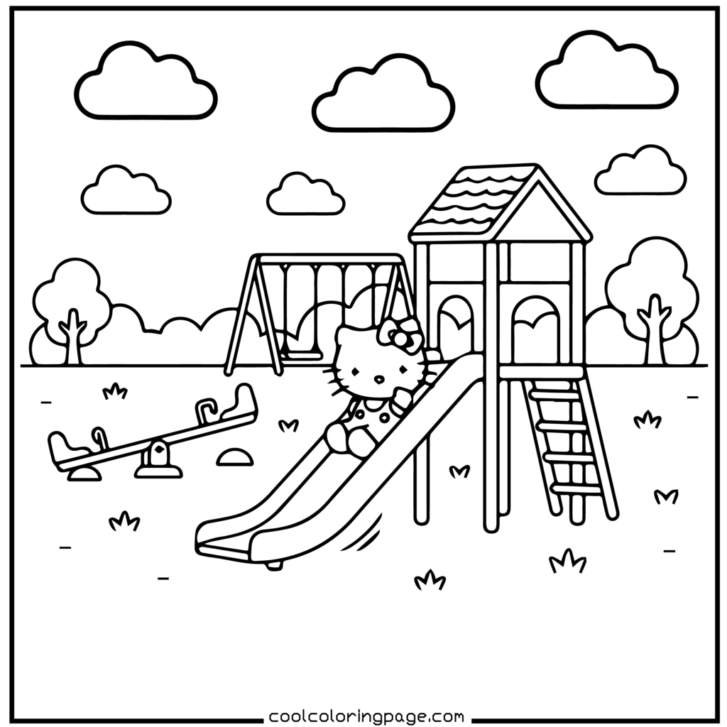 Cute cartoon character on a playground slide, with swings, seesaw, trees, and clouds in the background. It's a calm, cheerful scene. Hello Kitty Coloring Pages.