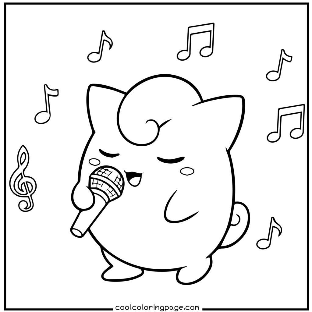 Jigglypuff singing scene in Pokémon coloring pages.