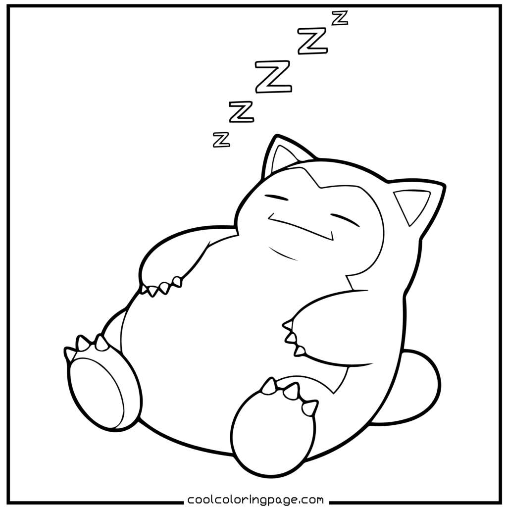 Snorlax sleeping pose in Pokémon coloring pages printable.