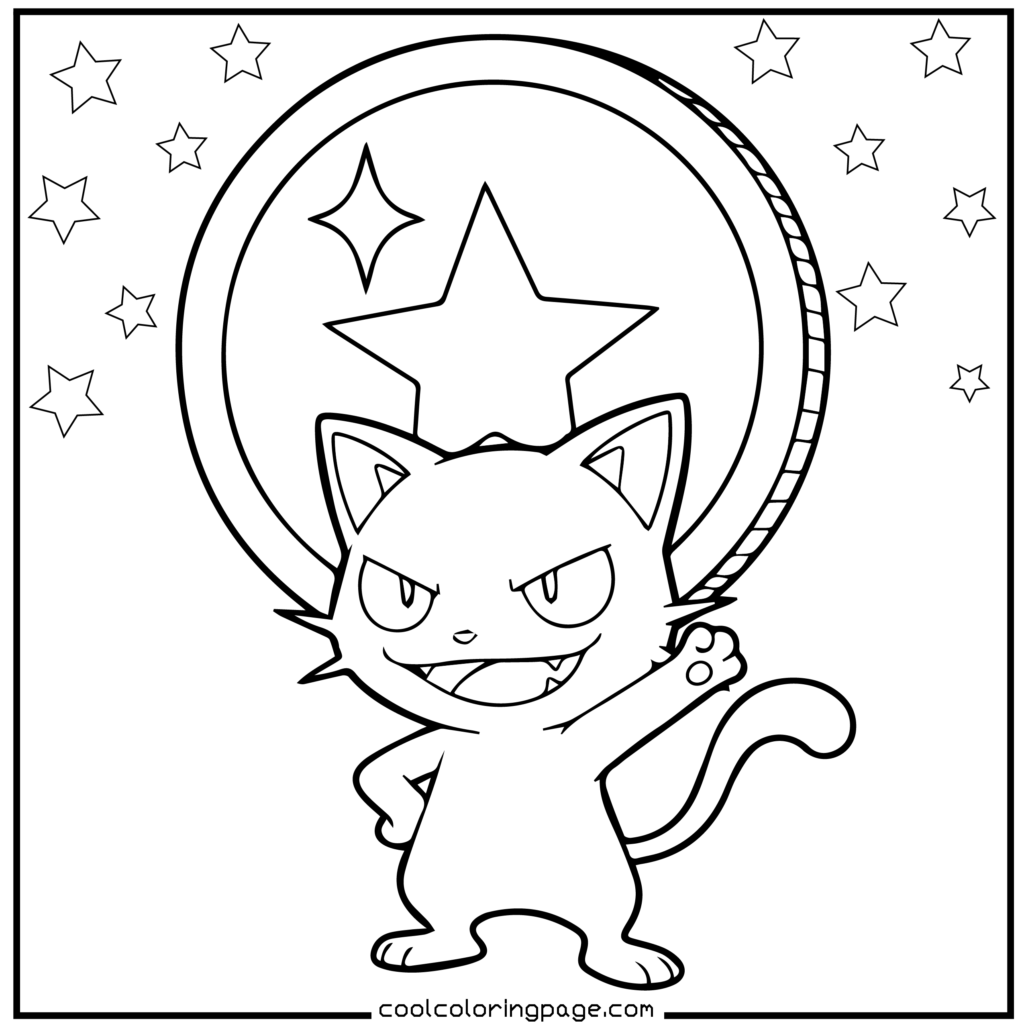 Meowth holding coin in simple Pokémon coloring pages.