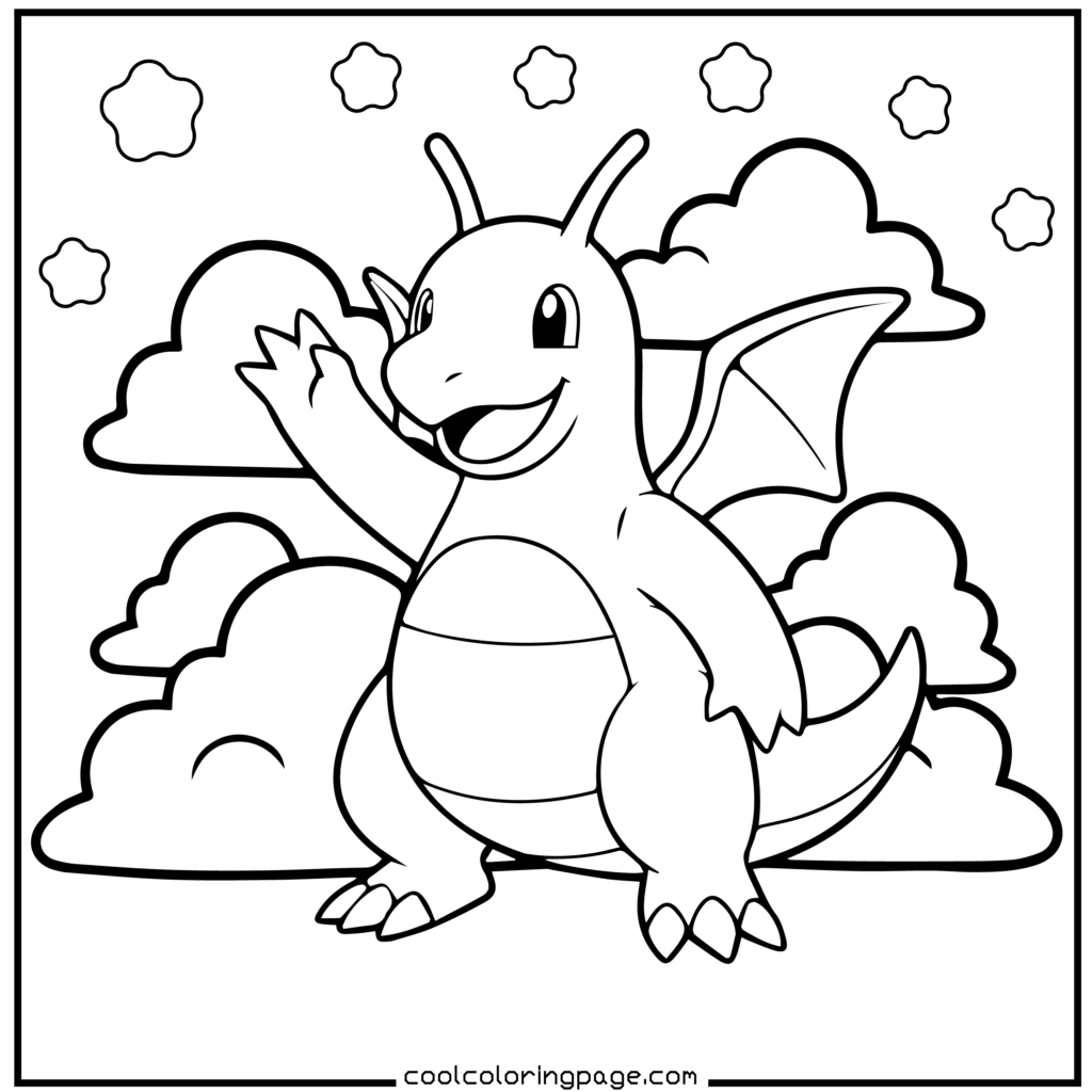 Dragonite waving outline for Pokémon coloring pages.