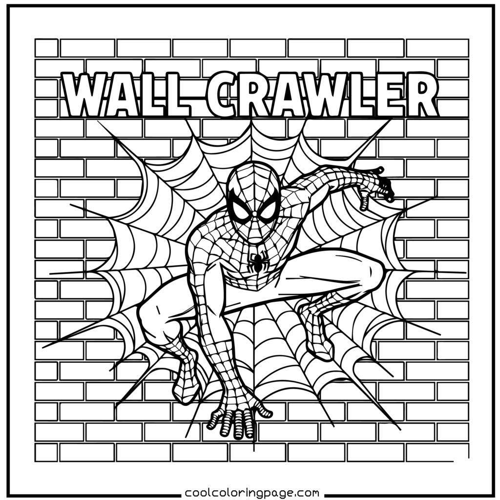 Spider-Man coloring pages with Spider-Man crawling on a wall in simple black-and-white lines.