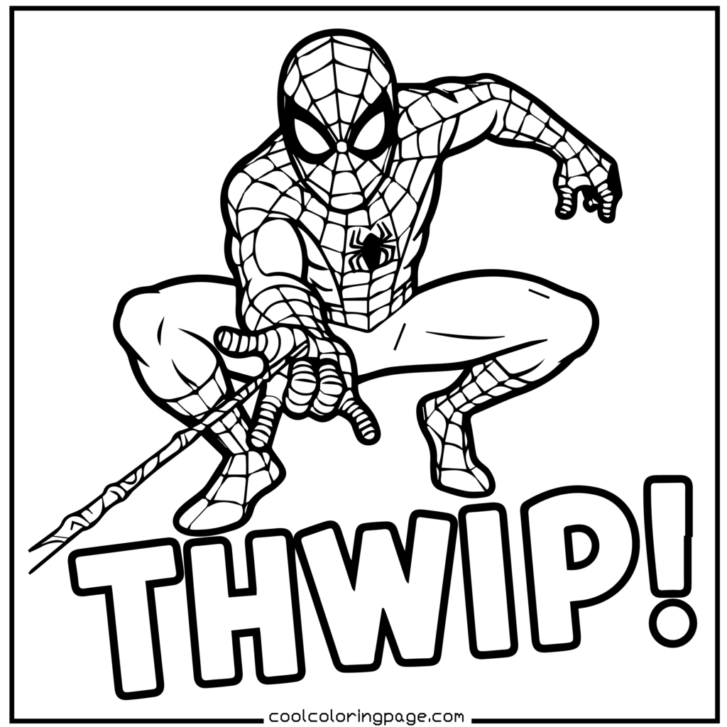 Spider-Man coloring pages of Spider-Man shooting a web forward in an action pose, outline style.